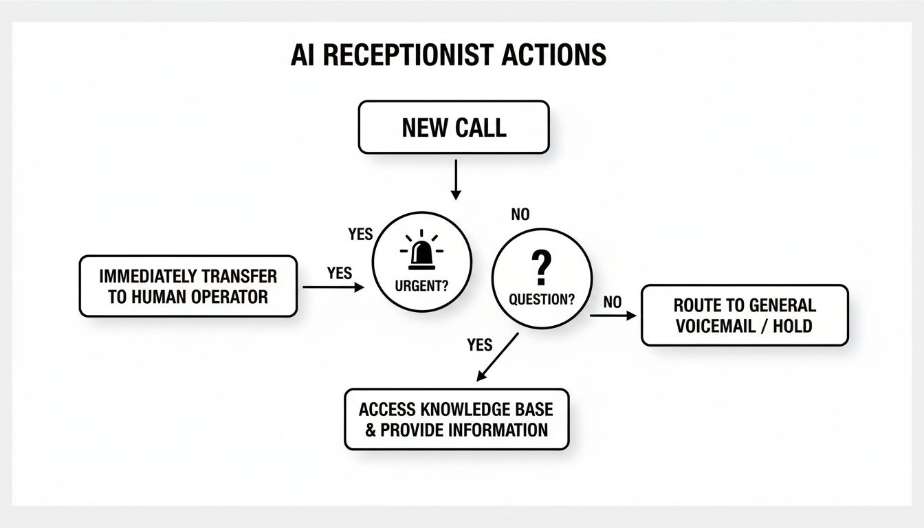 Flowchart illustrating an AI receptionist's decision-making process for incoming calls, including transfers and information.