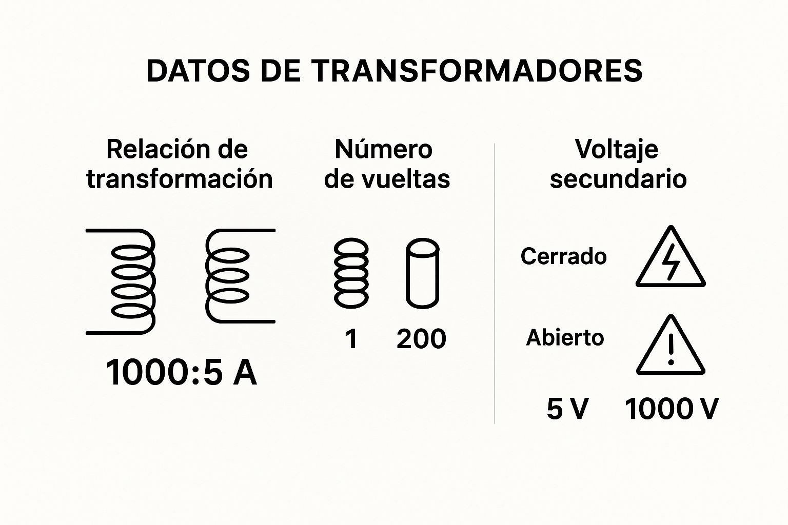 Infográfico que compara la relación de transformación, el número de vueltas y el voltaje secundario en un transformador de corriente.