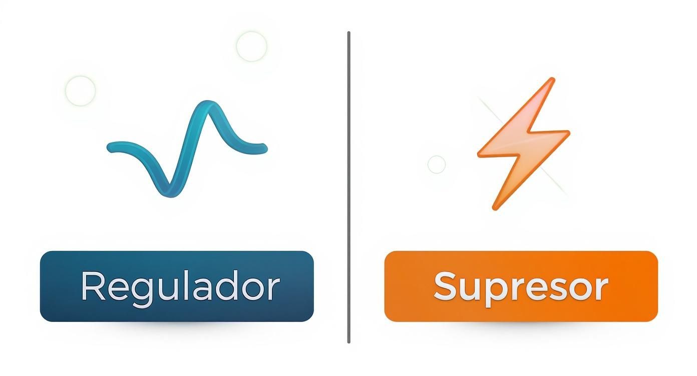 Infografía comparando un regulador de voltaje (onda estable) y un supresor de picos (rayo bloqueado)