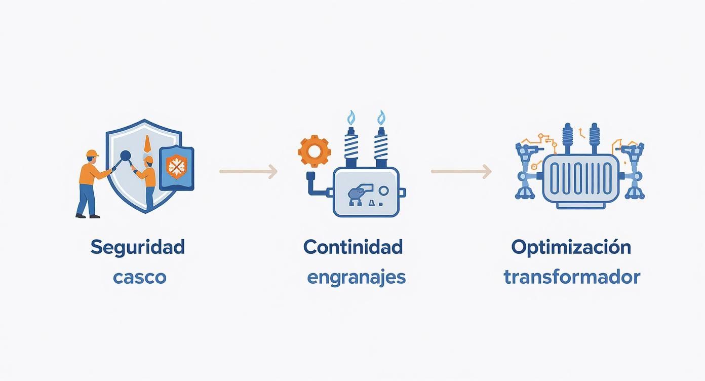 Infográfico que muestra los pilares del mantenimiento de subestaciones eléctricas: Seguridad, Continuidad y Optimización.