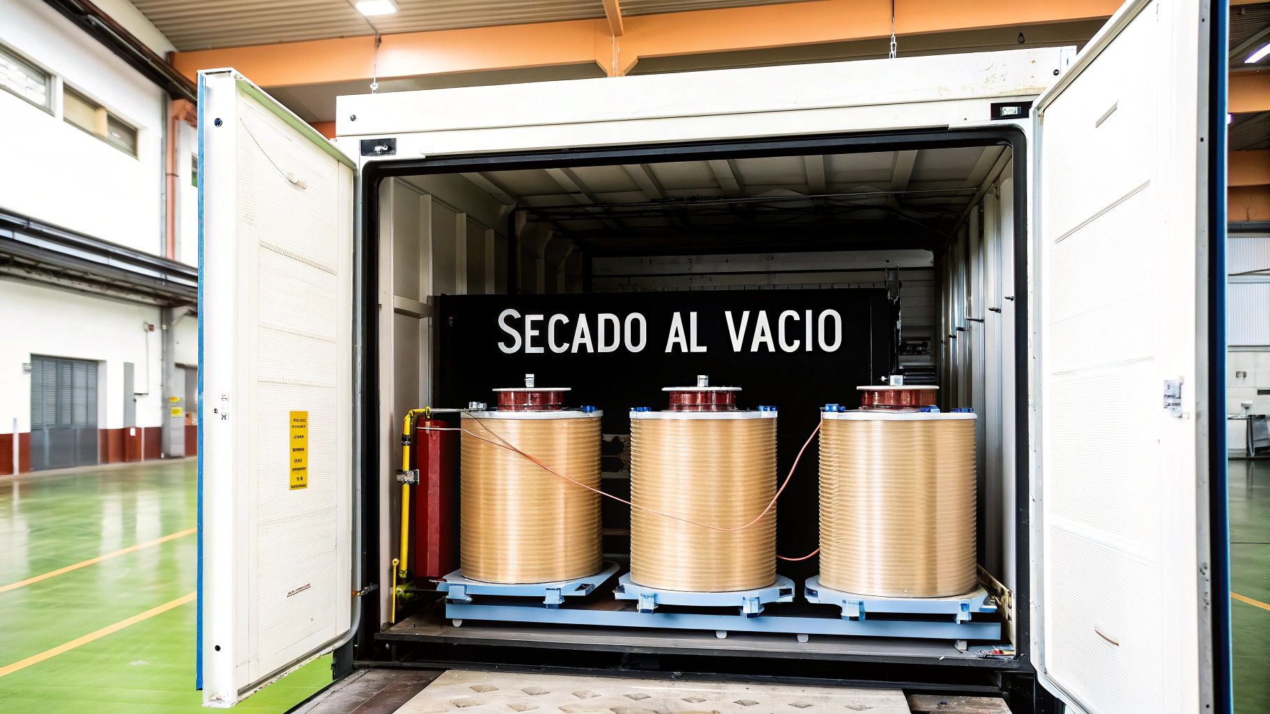 Proceso de impregnación de un devanado de transformador en un taller especializado.