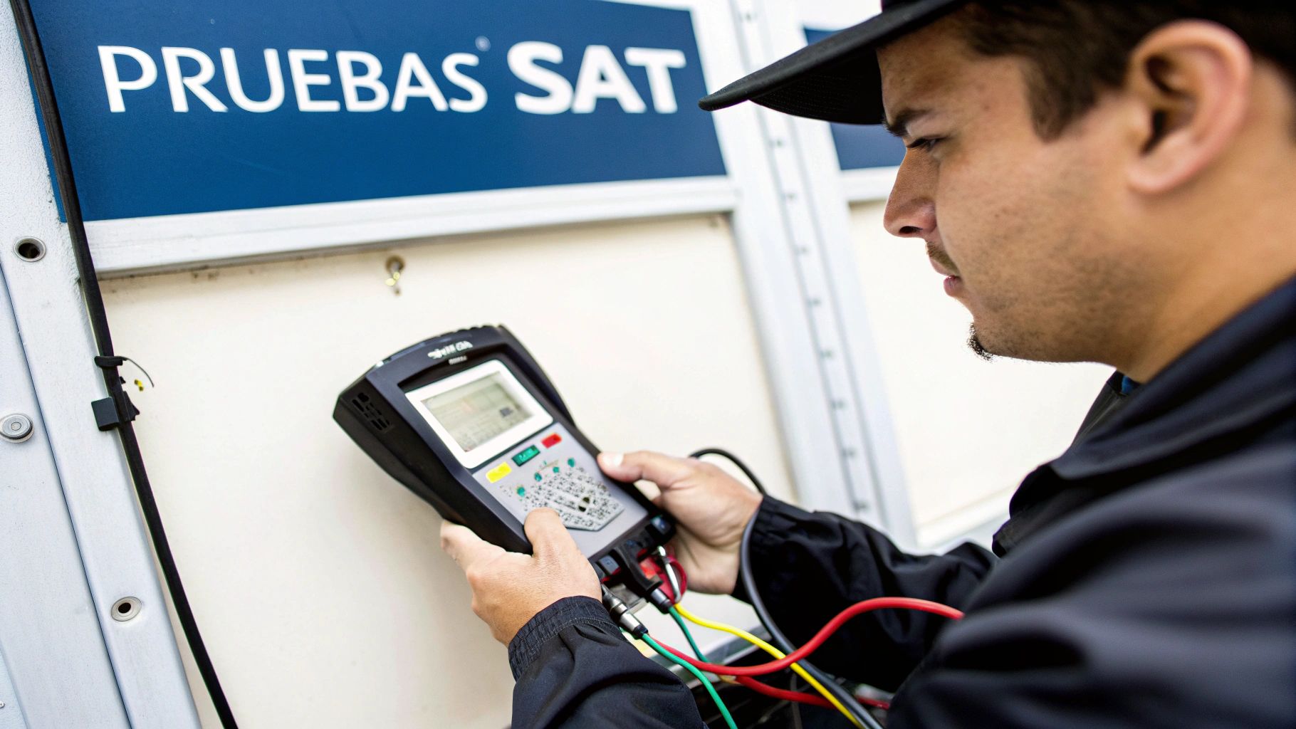 Hombre concentrado operando un probador digital con múltiples cables para pruebas SAT.