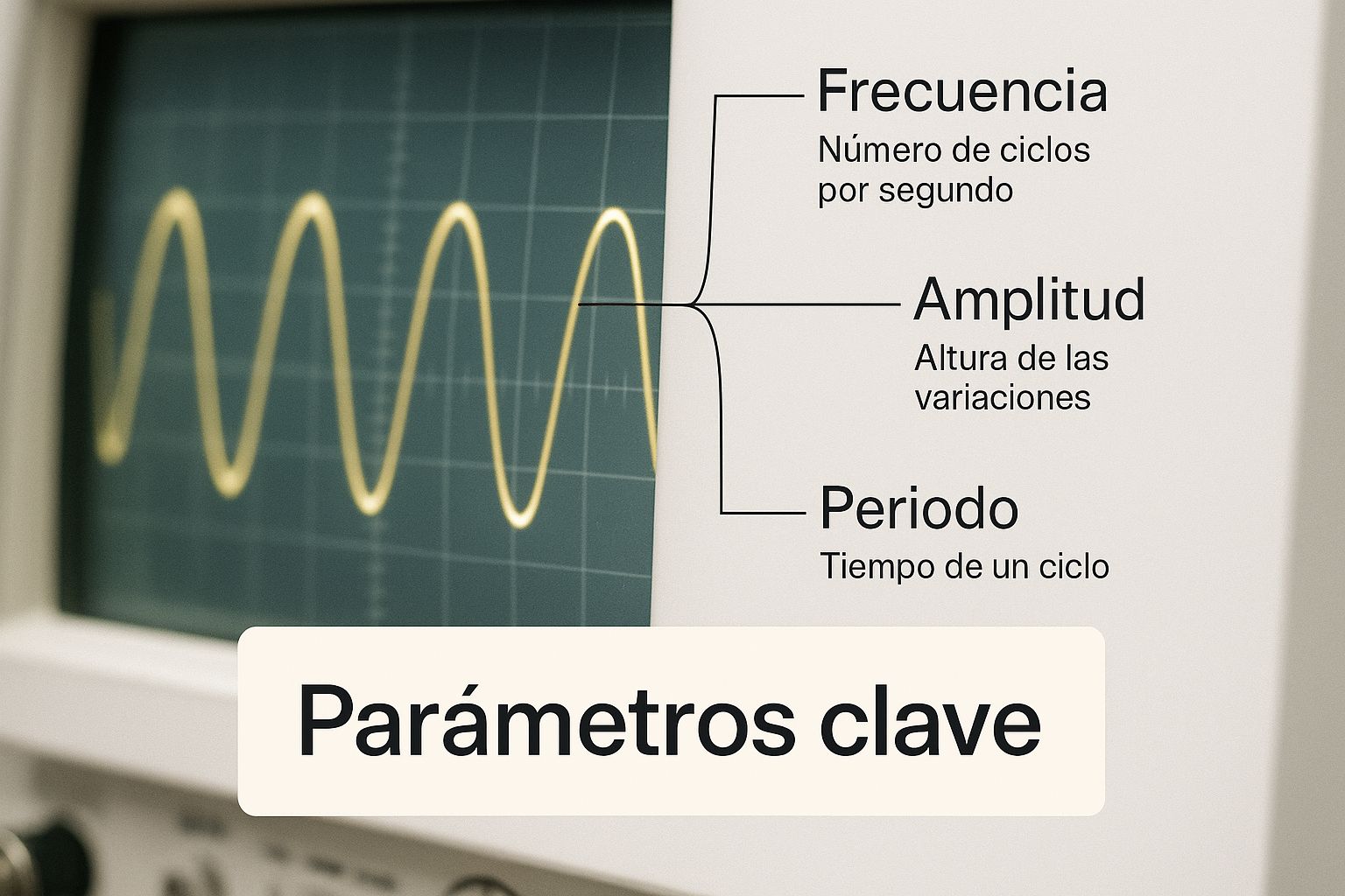 Infográfico mostrando una forma de onda en un osciloscopio con el texto 'Parámetros clave' superpuesto