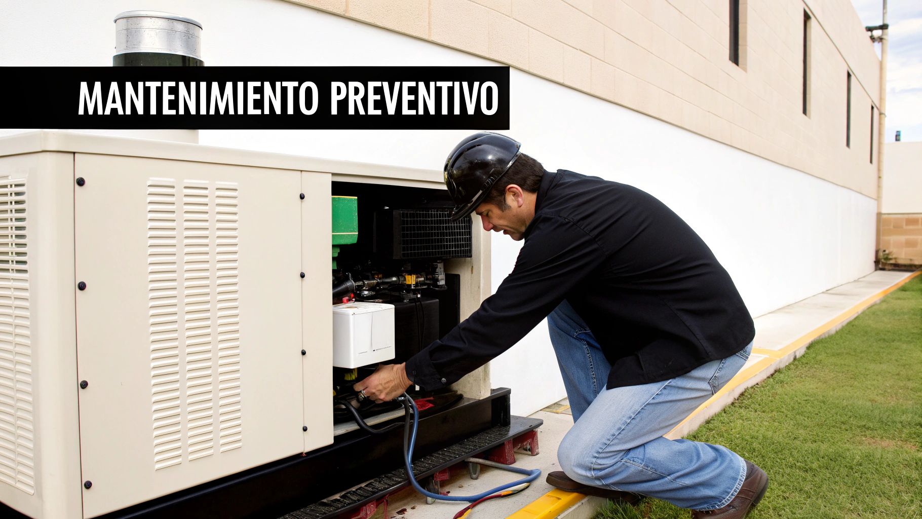 Ingeniero realizando mantenimiento a una planta eléctrica de emergencia.
