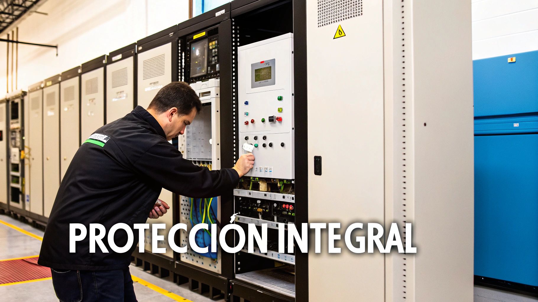 Un técnico revisa un panel de control avanzado que integra múltiples sistemas de protección eléctrica, simbolizando una estrategia integral.