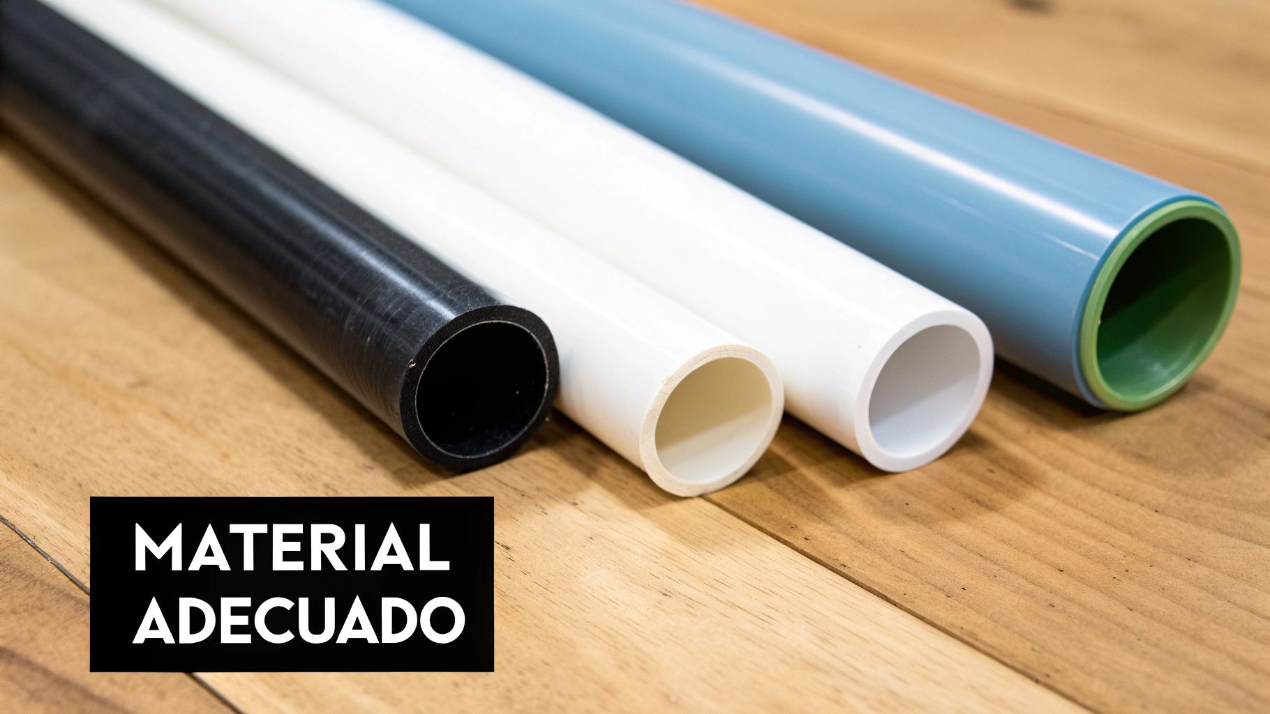 Una fila de cuatro tuberías de plástico de diferentes colores (negro, blanco, azul) sobre una superficie de madera, con el texto 'MATERIAL ADECUADO'.