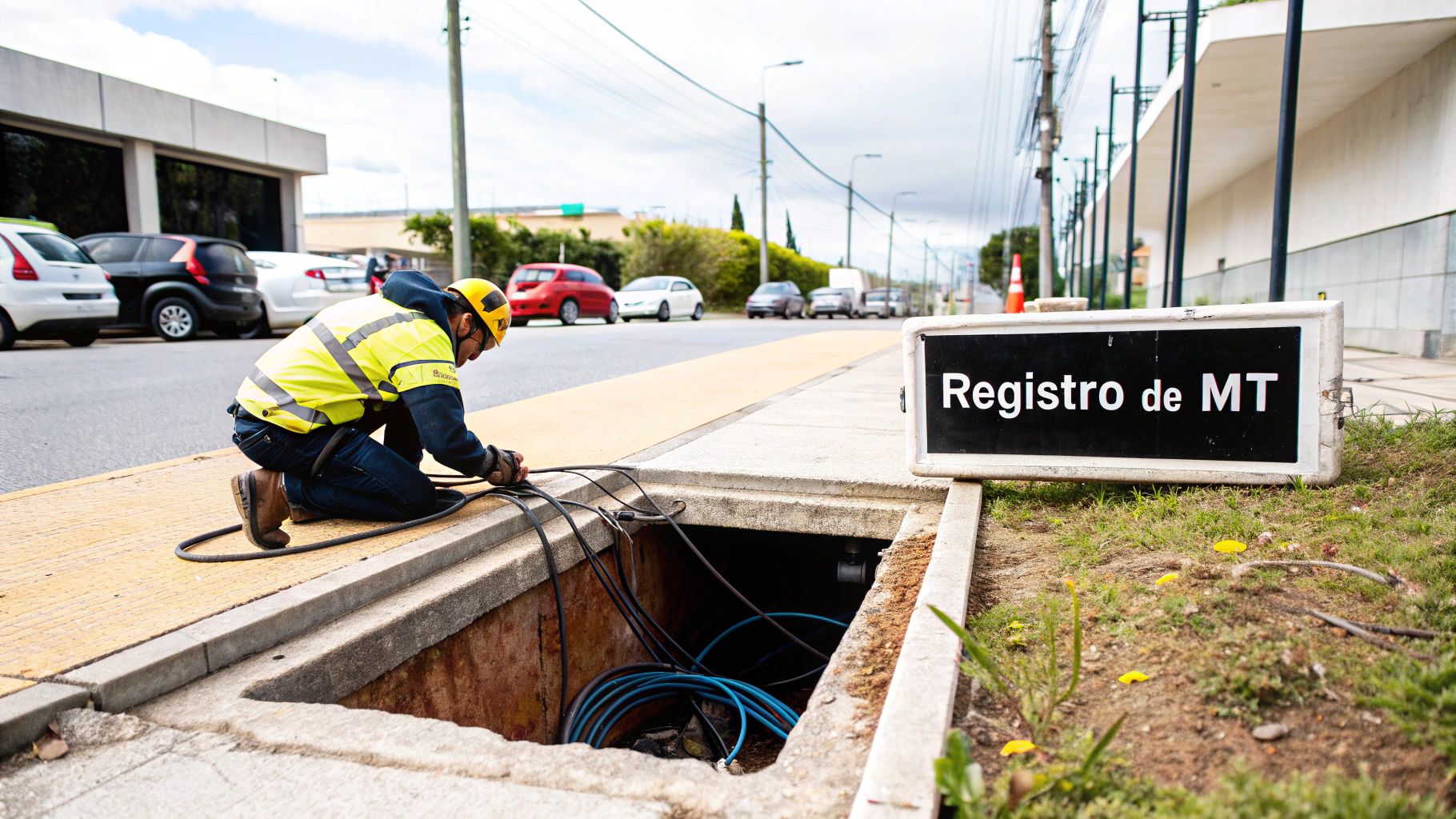 Vista interna de un registro de media tensión con cables y componentes instalados