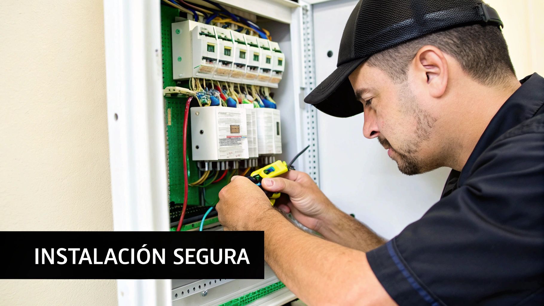 Técnico realizando mantenimiento en un tablero eléctrico con supresores de voltaje.