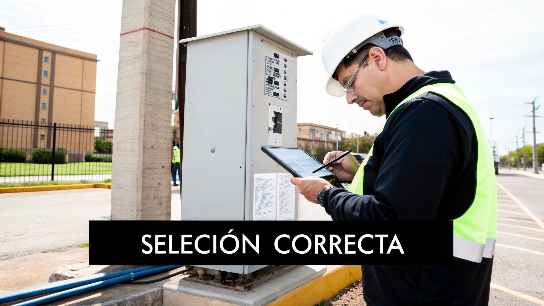 Trabajador con casco y chaleco de seguridad revisando una subestación eléctrica con una tablet.