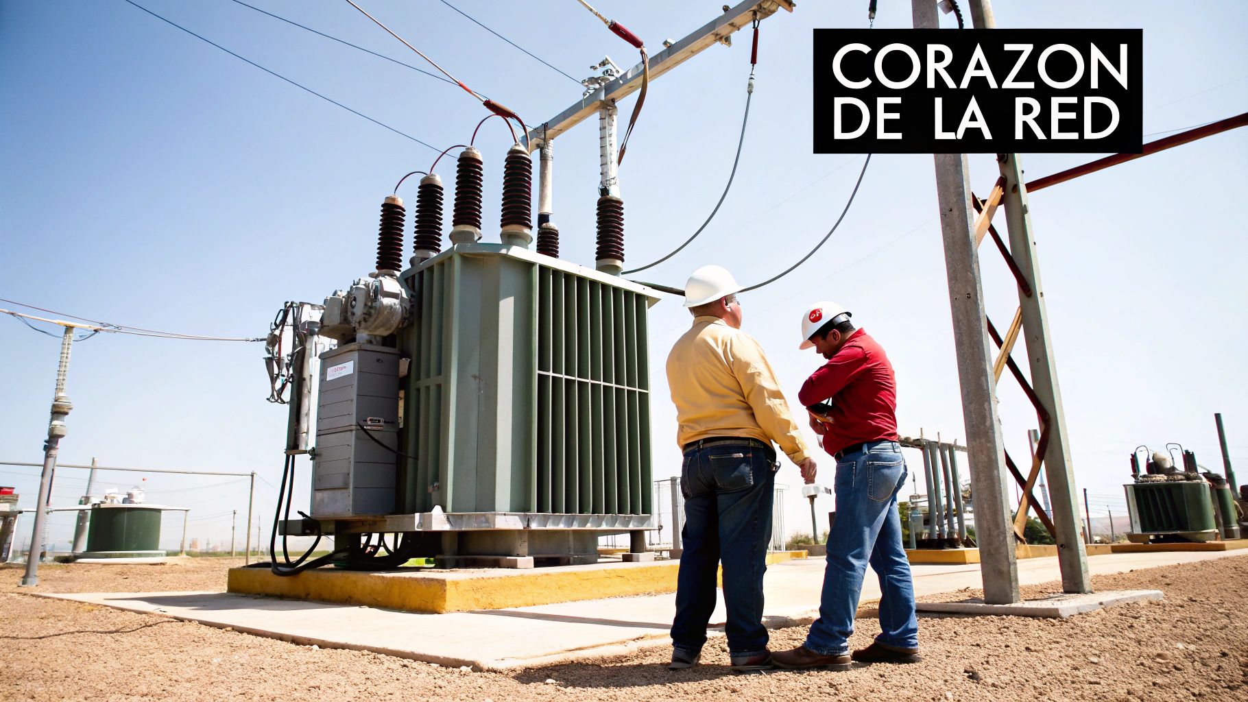 Técnicos realizando mantenimiento a un transformador eléctrico en una subestación