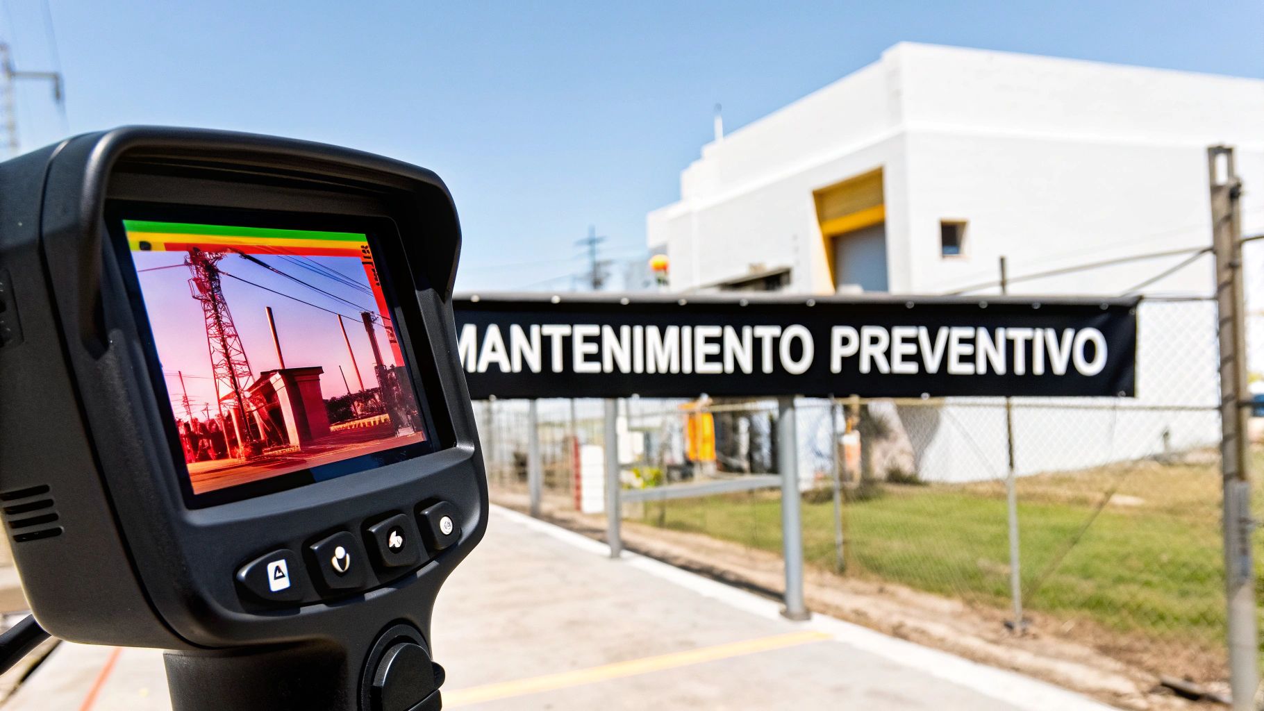Cámara térmica mostrando una torre eléctrica y estructuras industriales con un cartel de "Mantenimiento Preventivo".