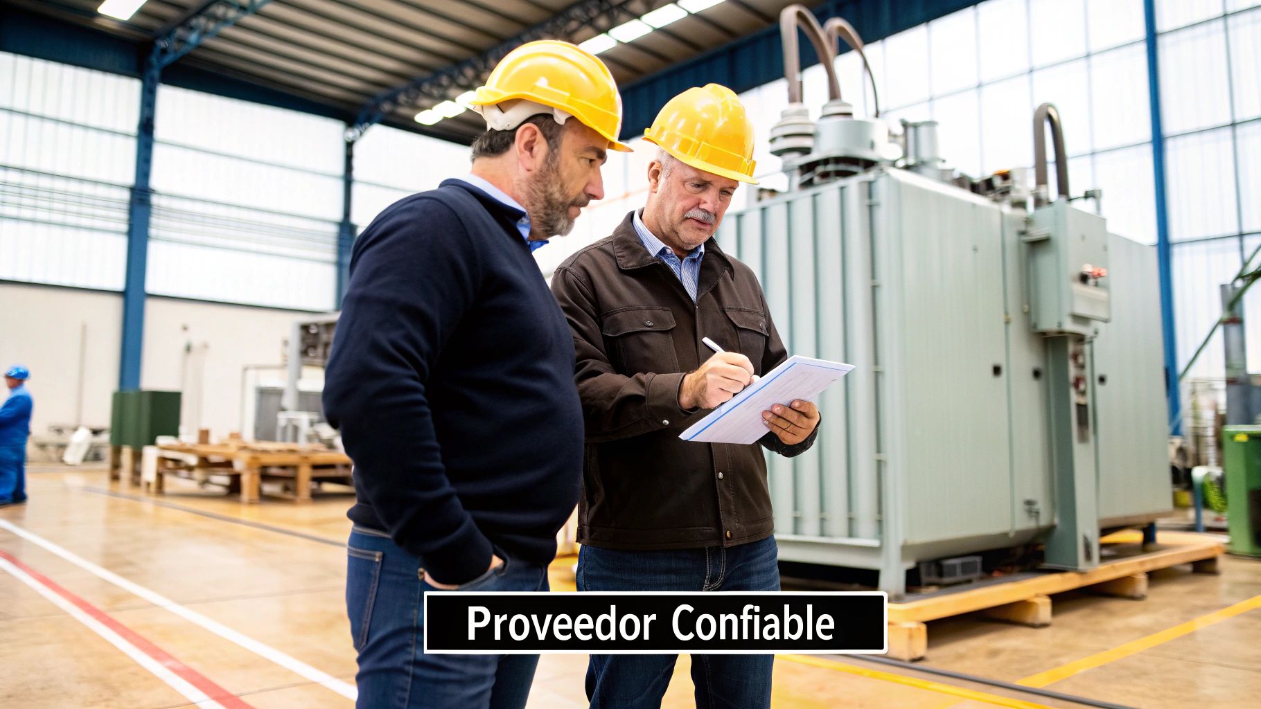 Ingeniero revisando un transformador en una instalación industrial.