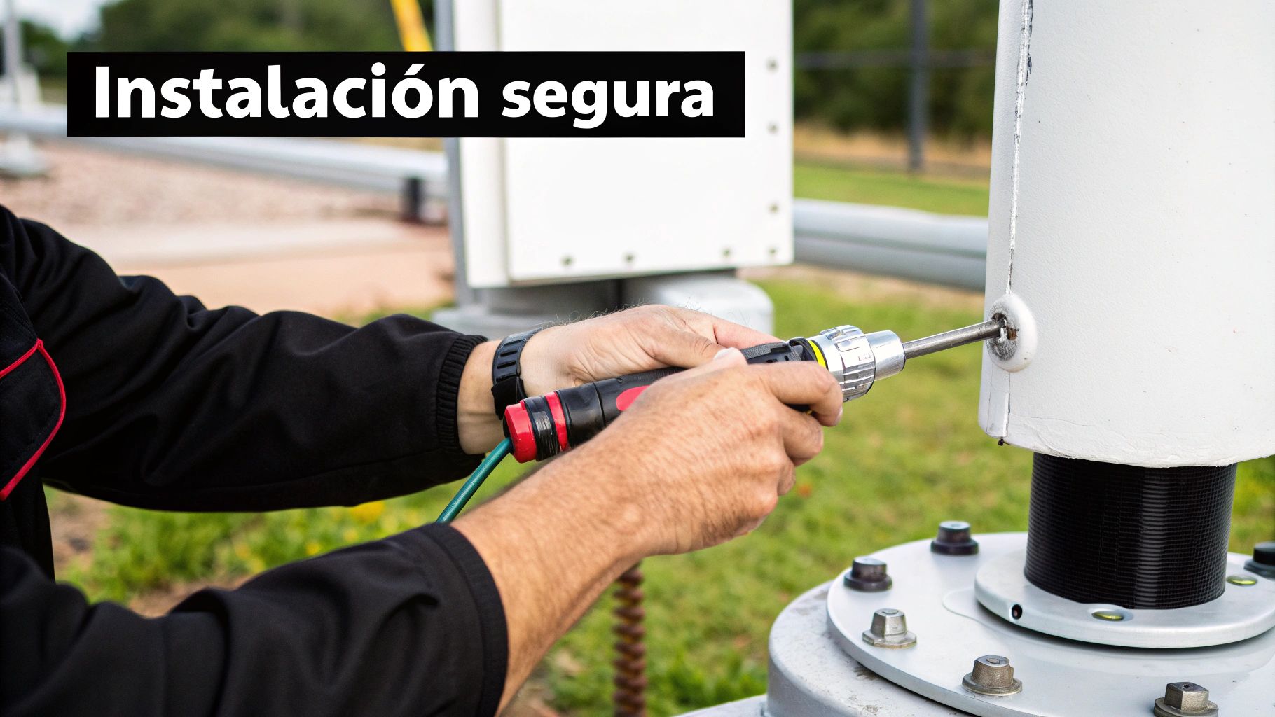 Manos instalando equipo eléctrico con una herramienta en un poste, realizando una conexión segura en el exterior.