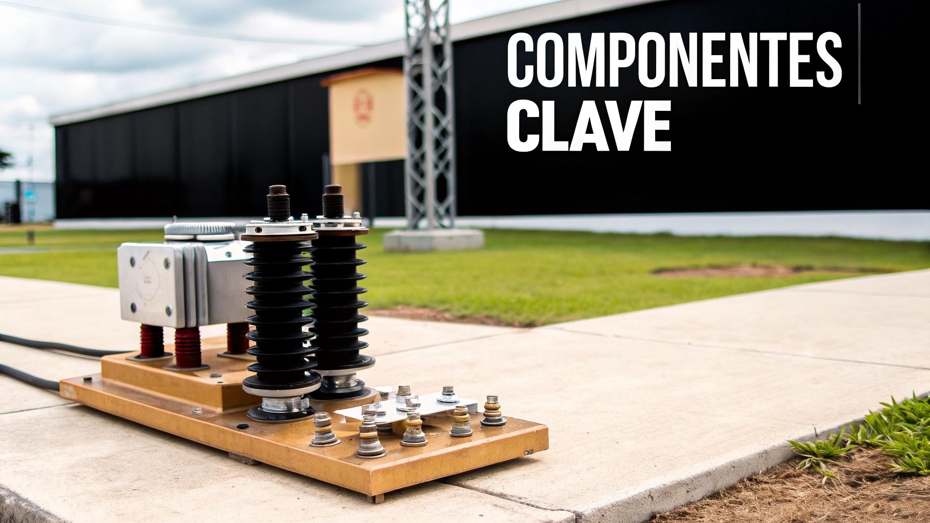 Primer plano de componentes eléctricos sobre una base de madera, con un edificio y césped al fondo.