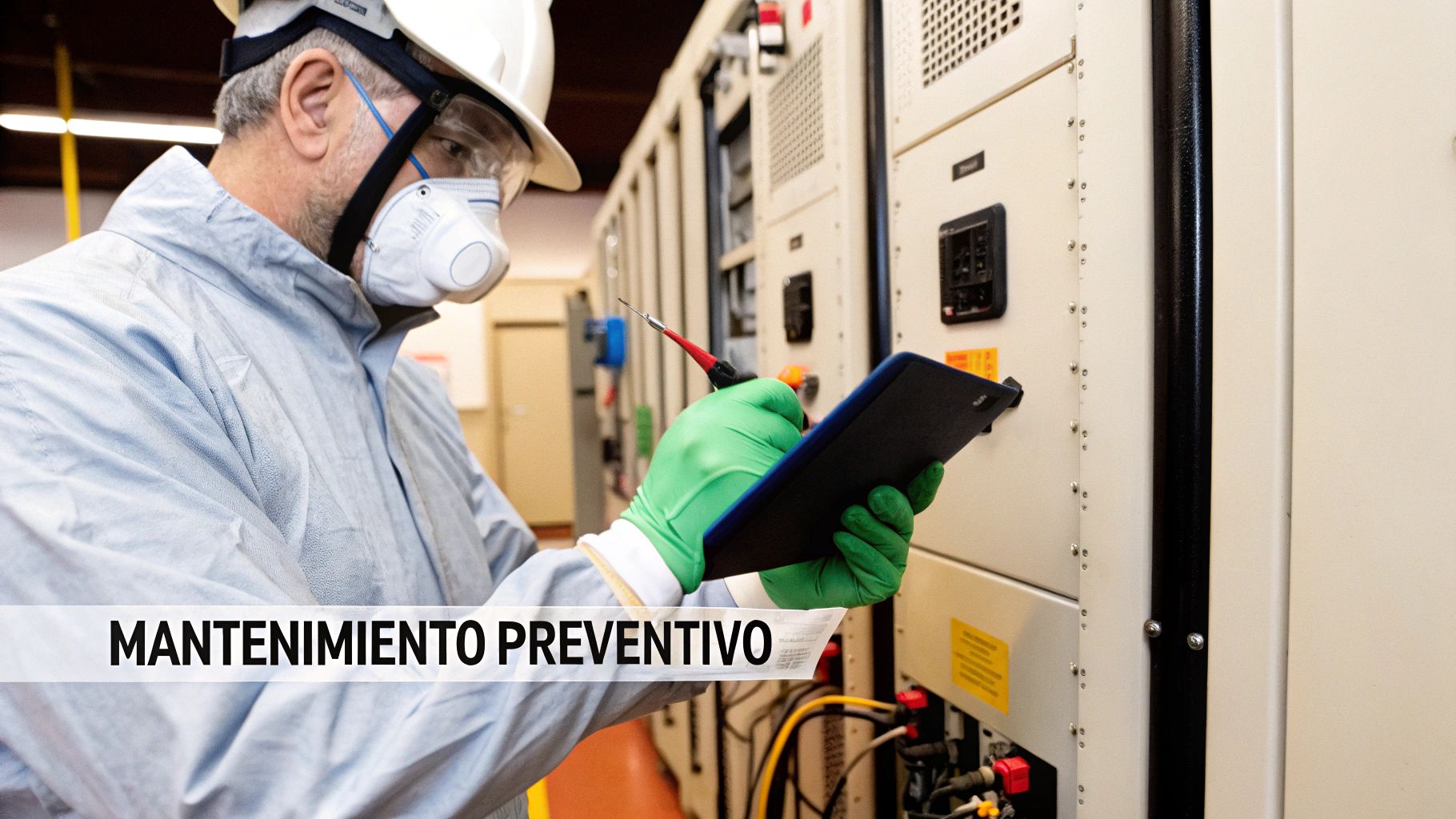 Hombre con EPP inspecciona paneles eléctricos, realizando mantenimiento preventivo con tablet y sonda.