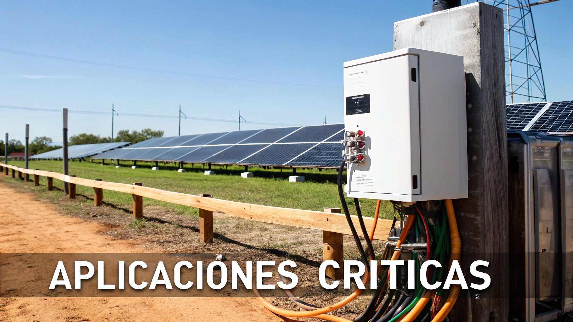 Supresor de picos industrial protegiendo un panel de control en una planta de energía renovable.