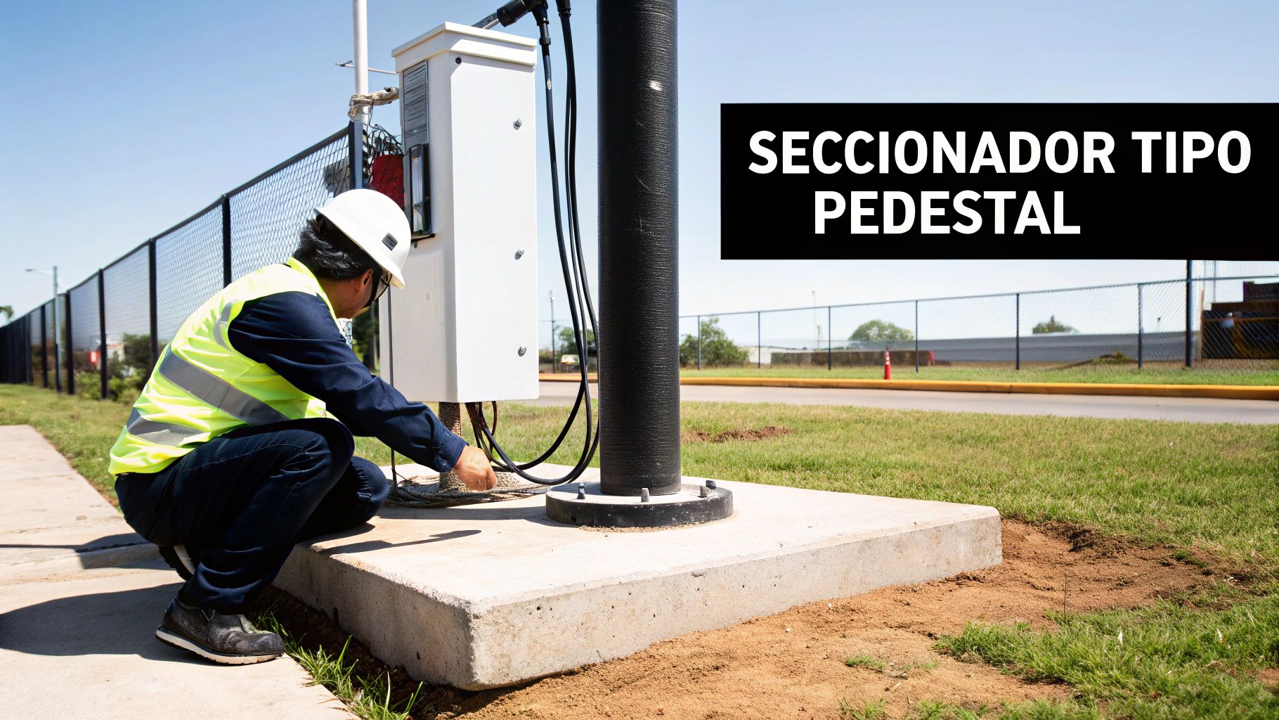 Técnico con chaleco reflectante y casco trabajando en la instalación de un seccionador tipo pedestal.