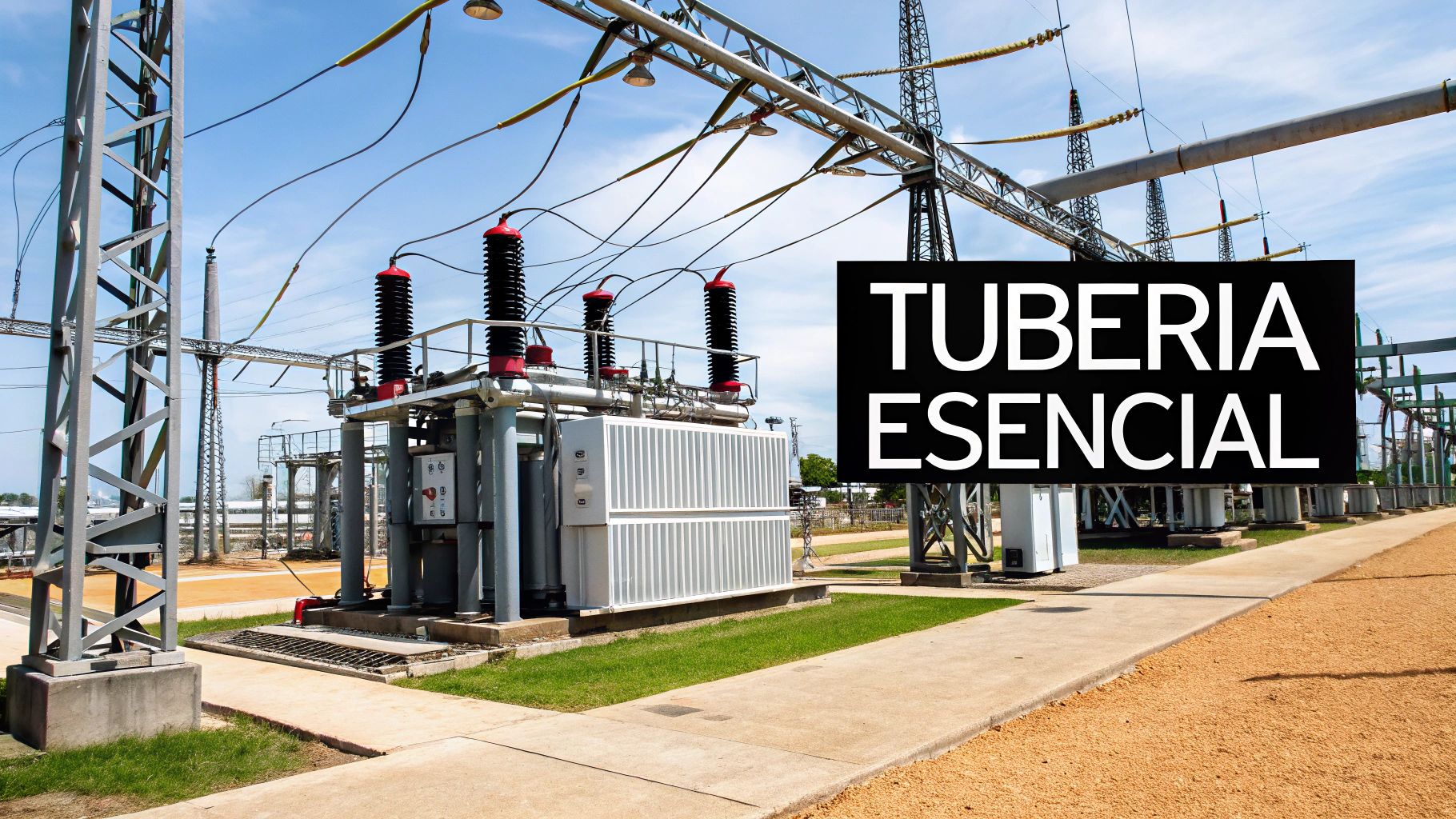 Subestación eléctrica industrial con transformadores, líneas de alta tensión y texto 'TUBERIA ESENCIAL' sobre el cielo azul.
