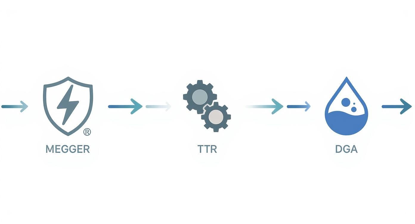 Infografía que muestra el flujo del proceso de diagnóstico con los pasos de prueba Megger, TTR y DGA.
