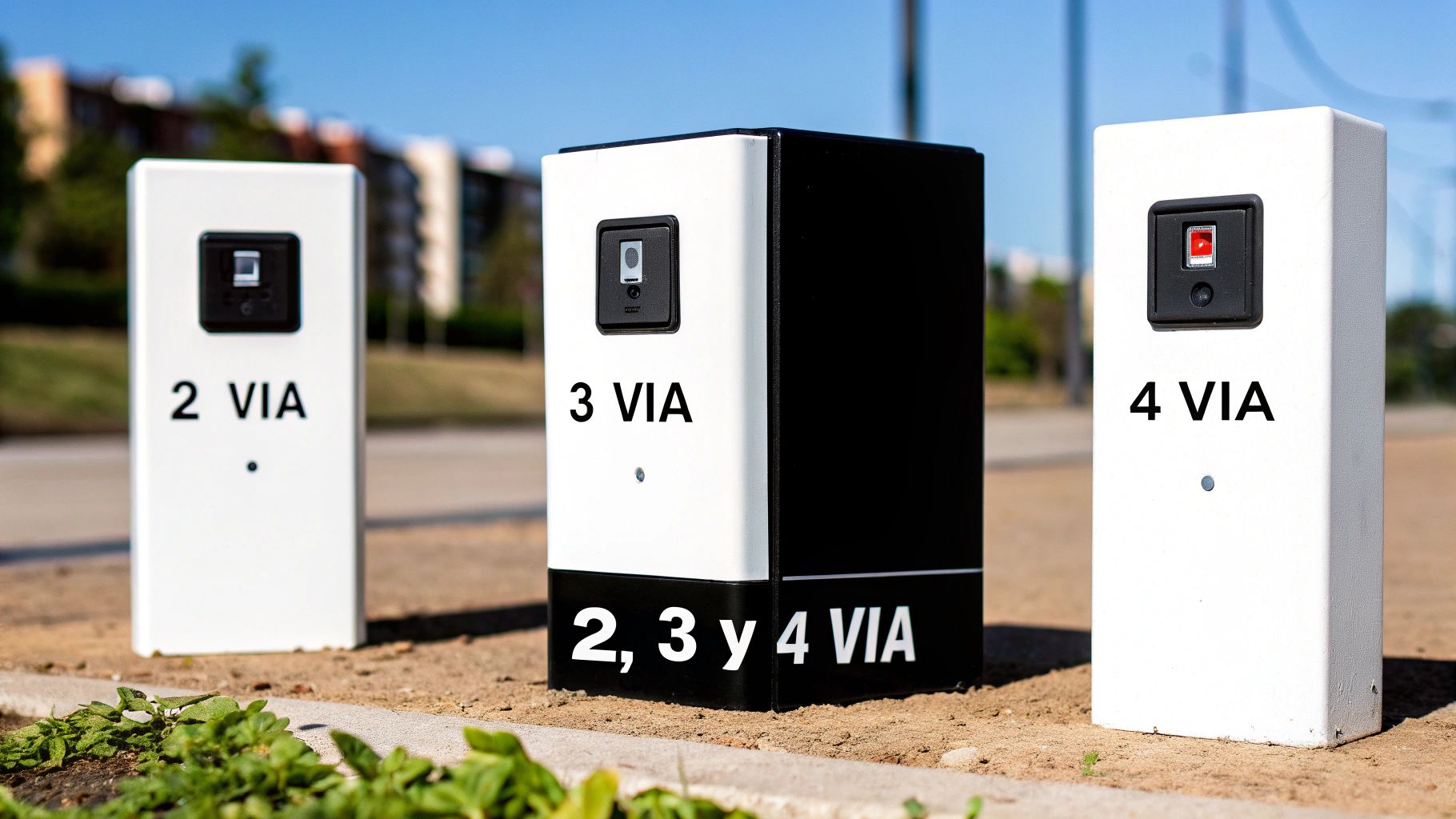 Tres seccionadores tipo pedestal en blanco y negro con etiquetas de vía, ubicados al aire libre.