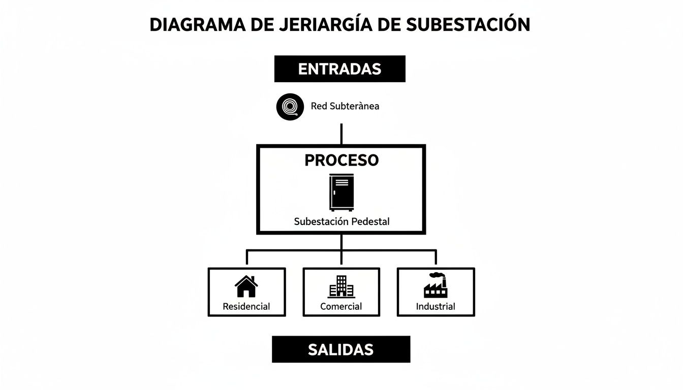 Diagrama jerárquico de subestación tipo pedestal mostrando entradas de red subterránea y salidas para consumo residencial, comercial e industrial.