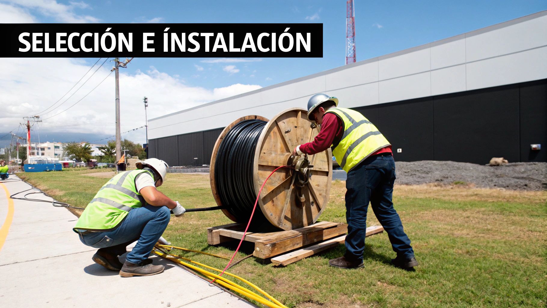 Ingeniero revisando la instalación de un cable de potencia en una subestación