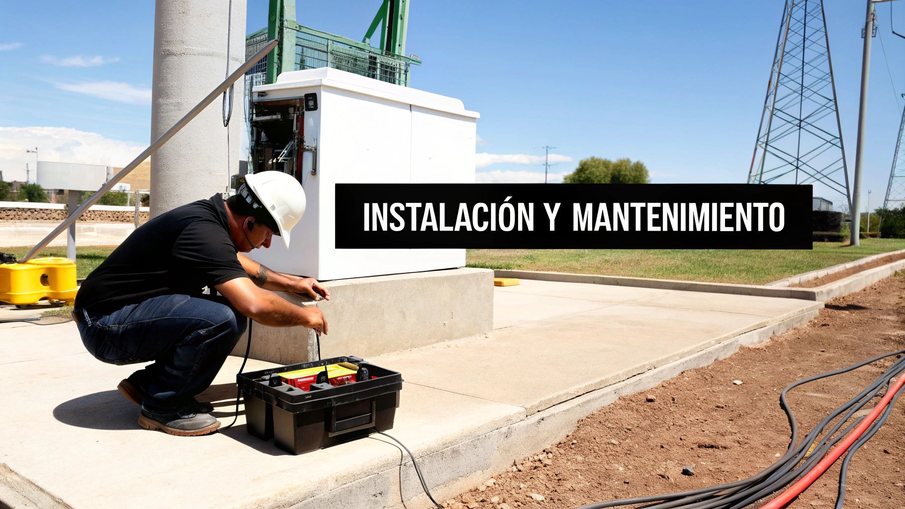 Hombre técnico con casco blanco realiza instalación y mantenimiento en equipo de telecomunicaciones.