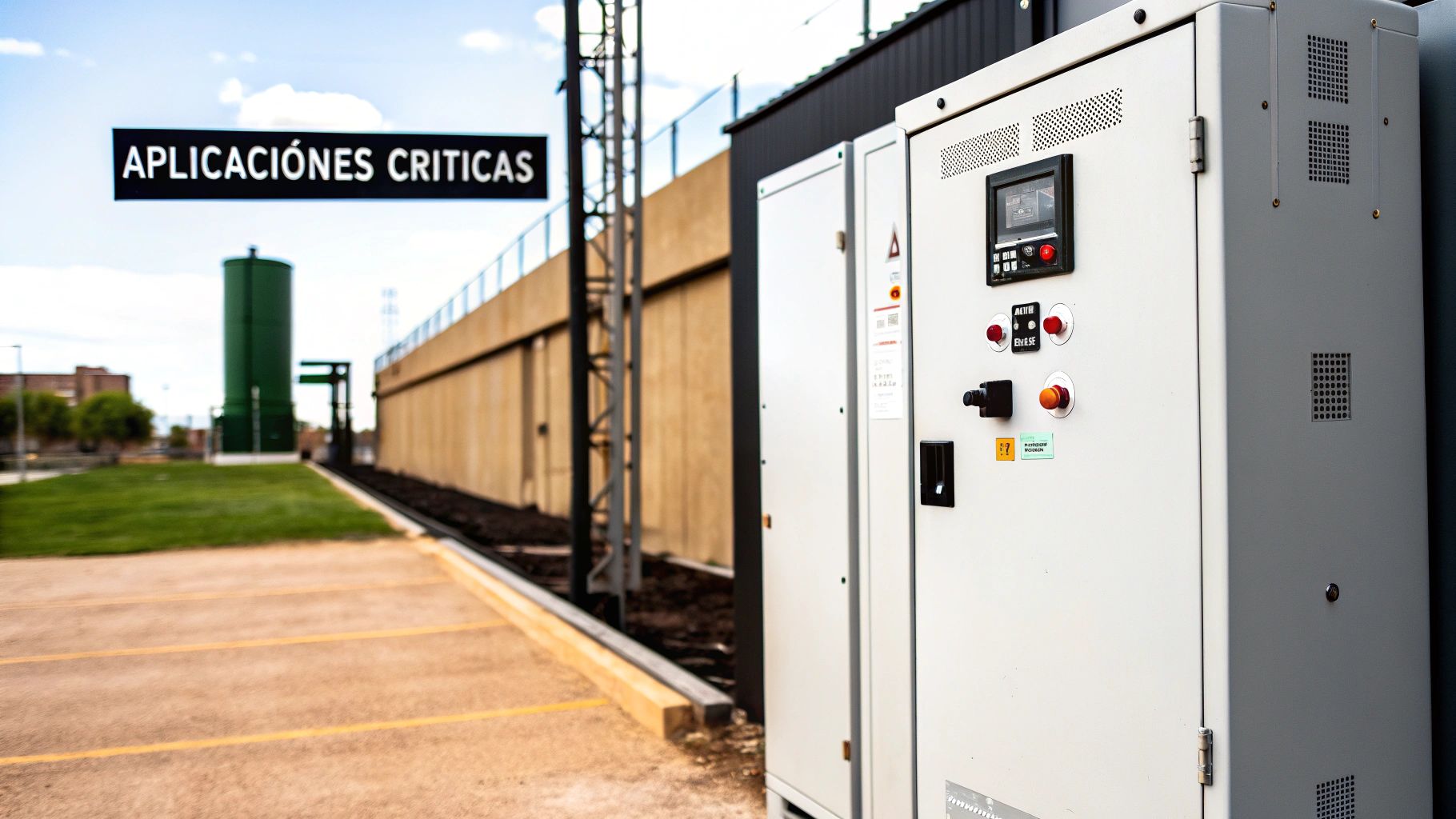 Panel de control industrial con botones y pantalla, junto a un cartel de 'APLICACIONES CRÍTICAS' en un entorno exterior.