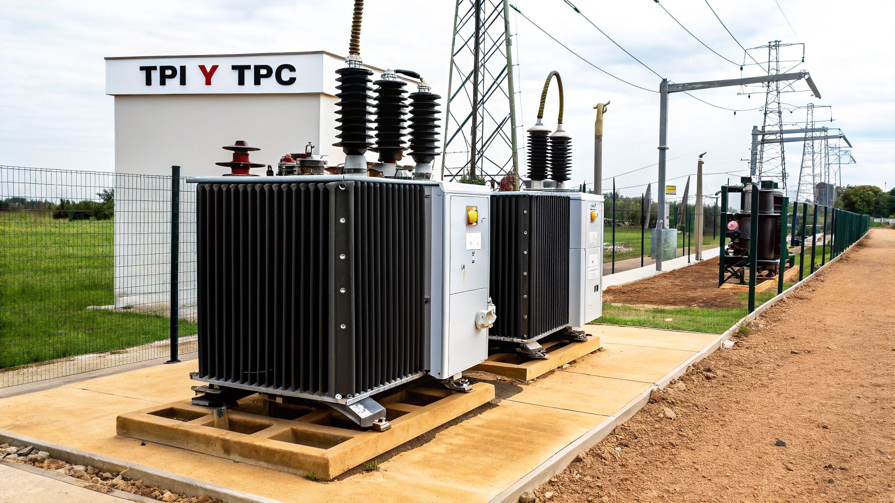 Primer plano de un transformador de potencial capacitivo de alta tensión, destacando sus aisladores cerámicos.