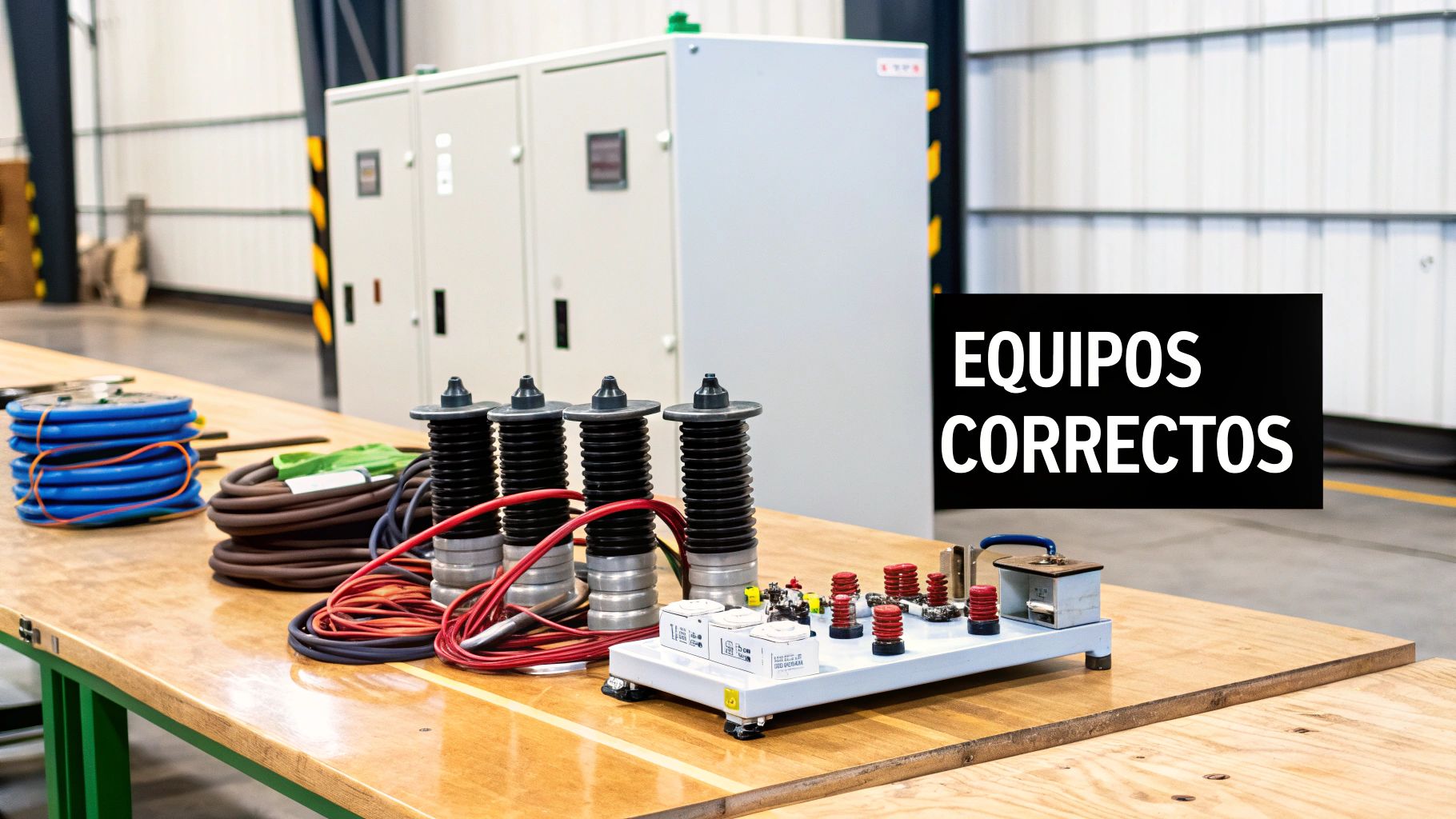Mesa de trabajo con equipos eléctricos de prueba, cables y componentes, con gabinetes industriales.