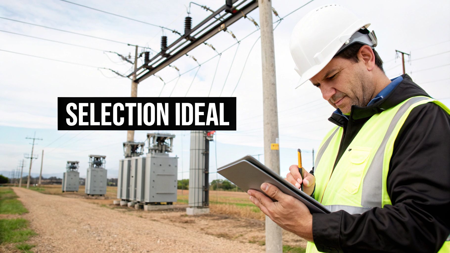 Un ingeniero eléctrico revisando los planos de un proyecto de distribución con un transformador tipo poste al fondo.