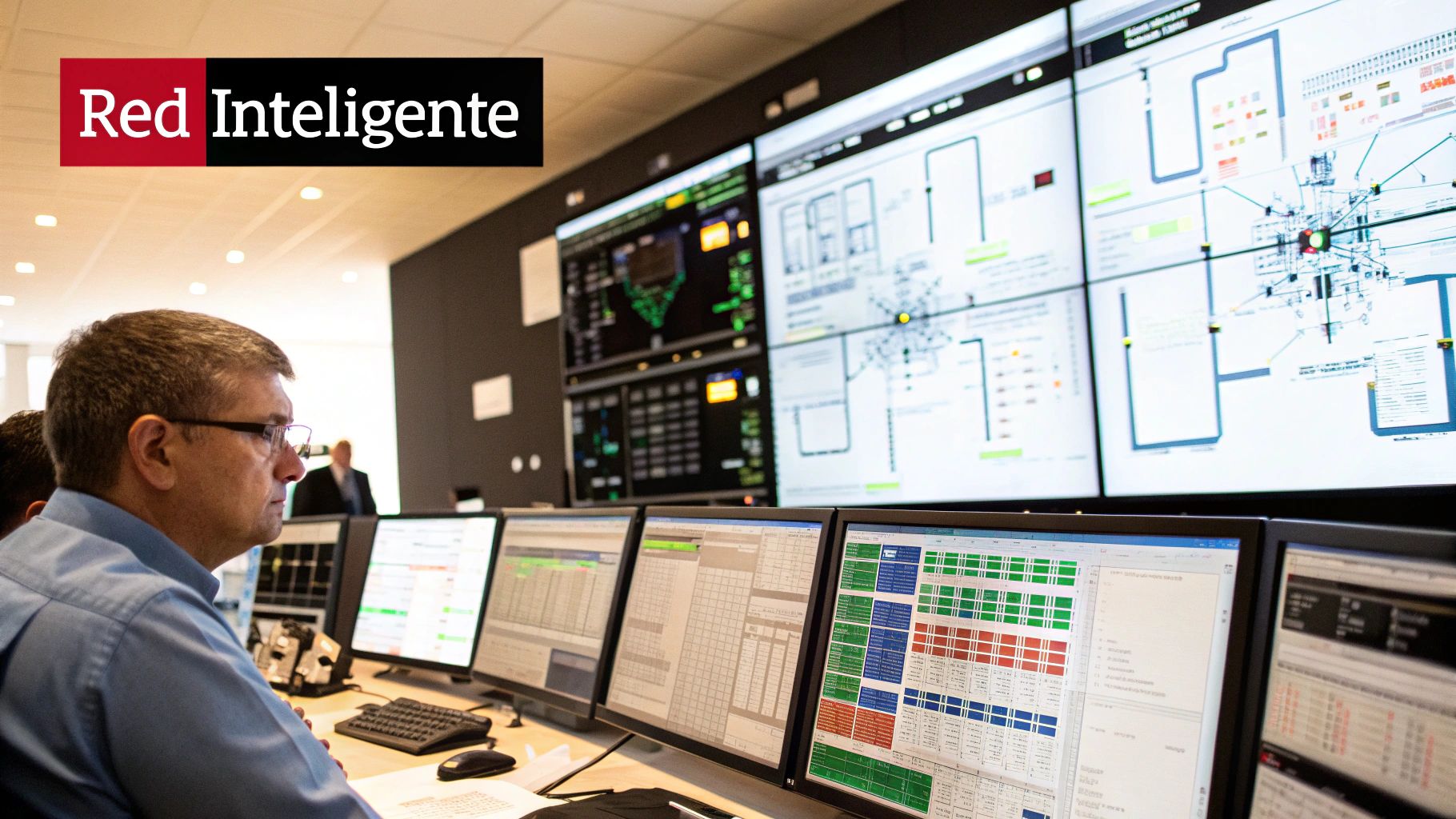 Imagen de una red eléctrica inteligente con flujos de datos y energía interconectados.