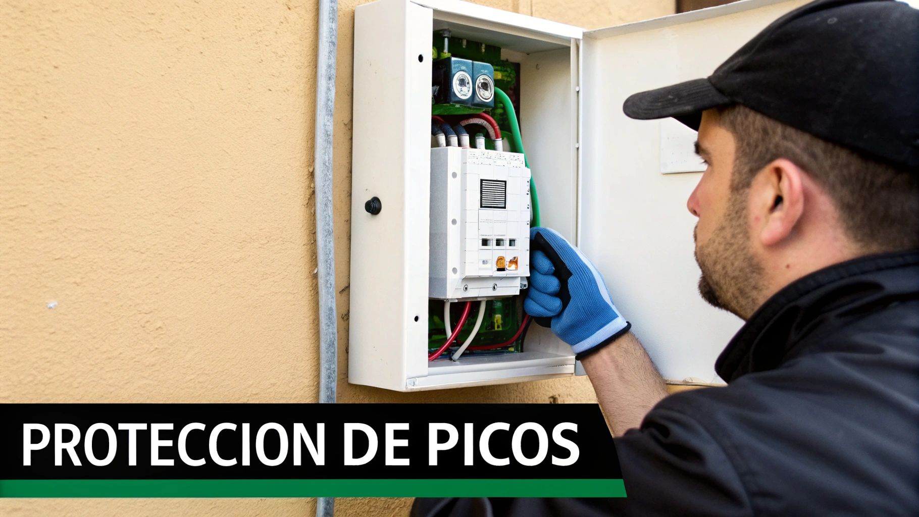 Vista detallada de un supresor de picos instalado en un panel eléctrico industrial.