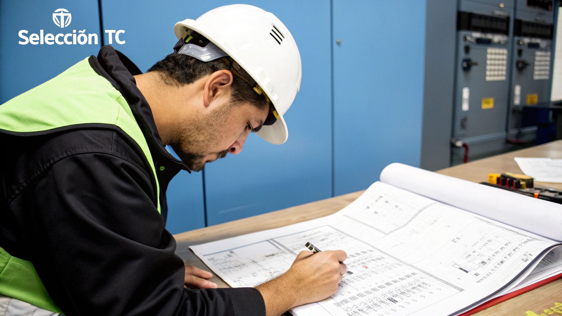Un ingeniero eléctrico revisando las especificaciones de un transformador de corriente en una tableta.