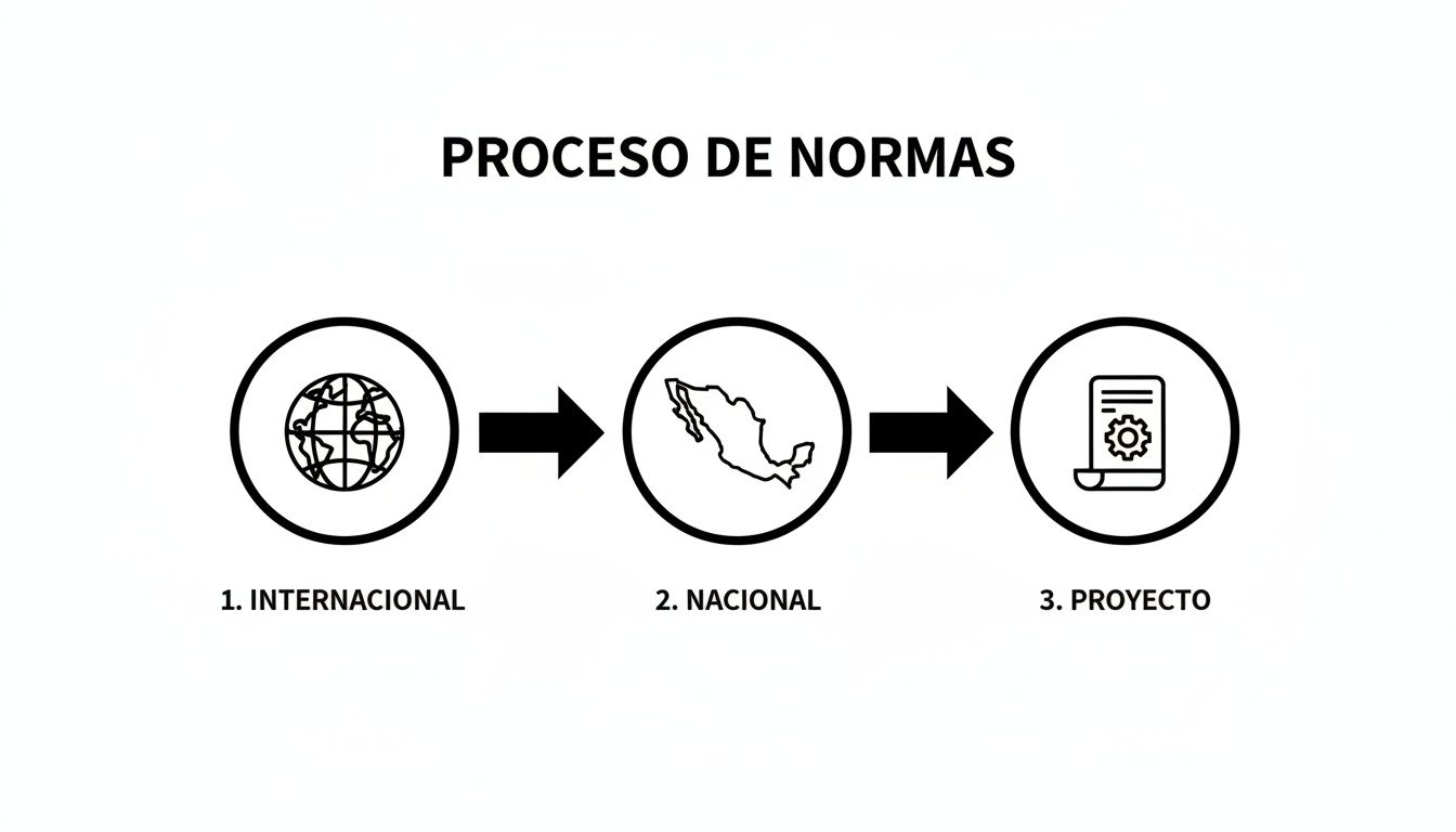 Diagrama de flujo que ilustra el proceso de normas: internacional, nacional y proyecto.