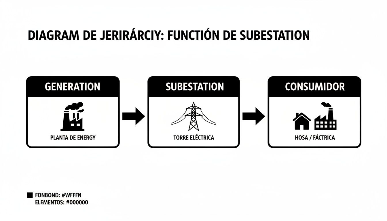 Diagrama de flujo que ilustra la generación de energía, subestación y consumo eléctrico para accesibilidad.