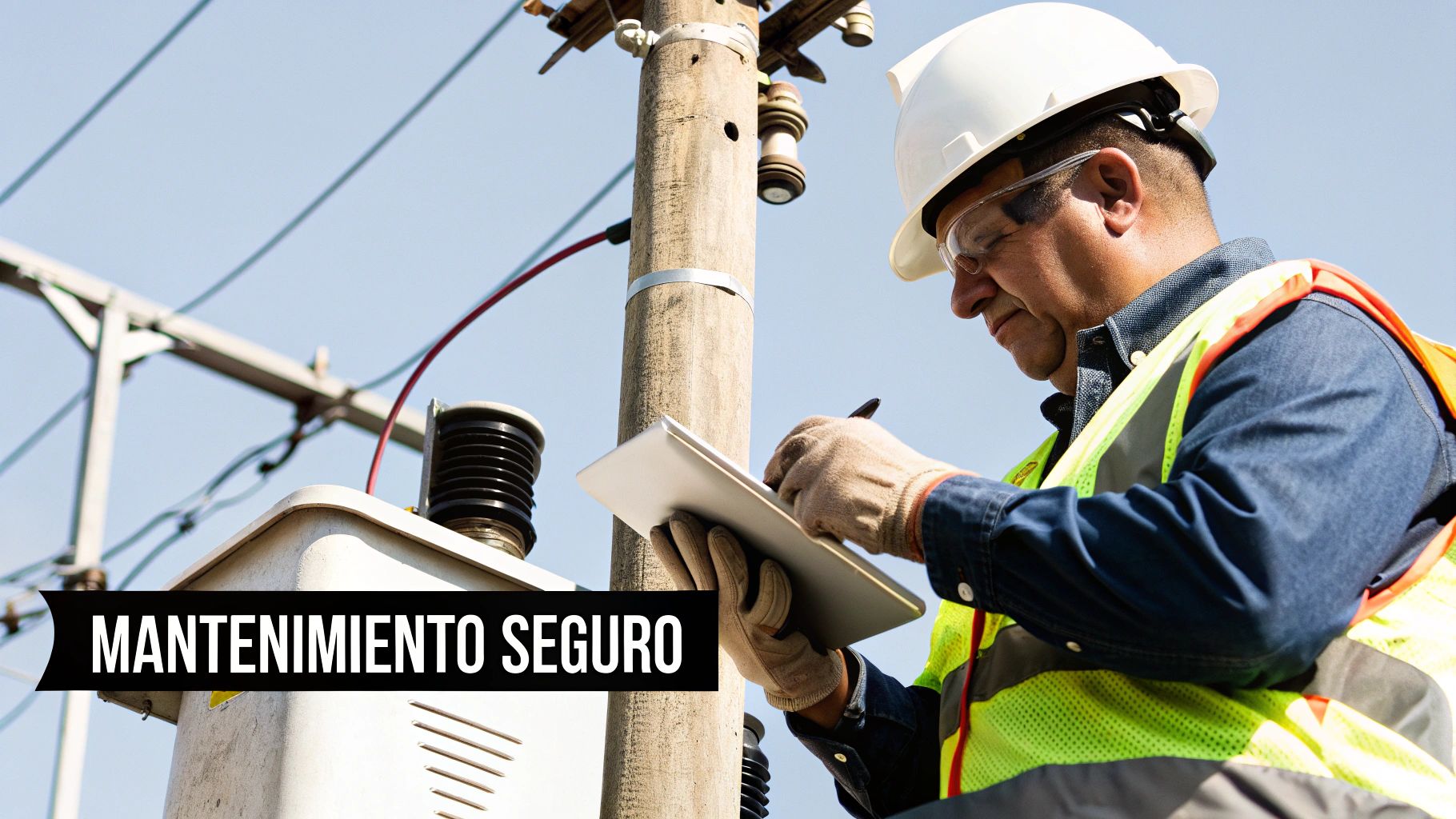 Un técnico especializado realizando una inspección de mantenimiento en un transformador tipo poste trifásico.