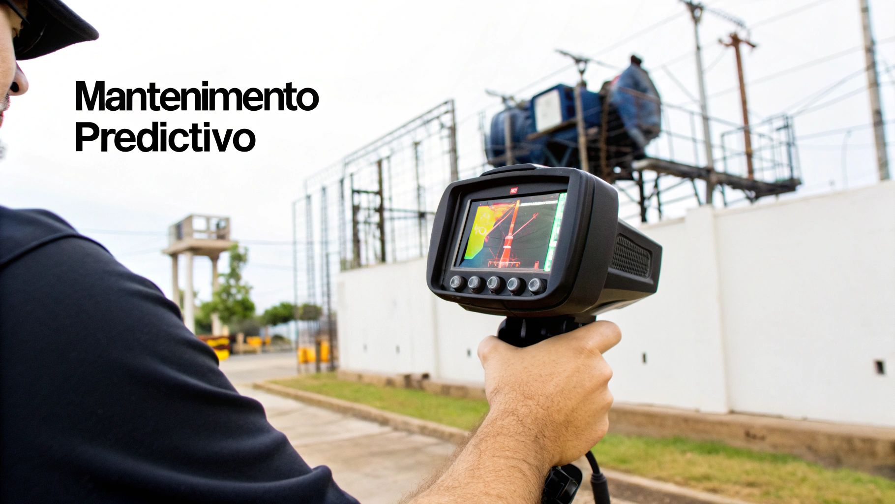 Ingeniero utilizando una cámara termográfica para inspeccionar componentes de una subestación eléctrica.