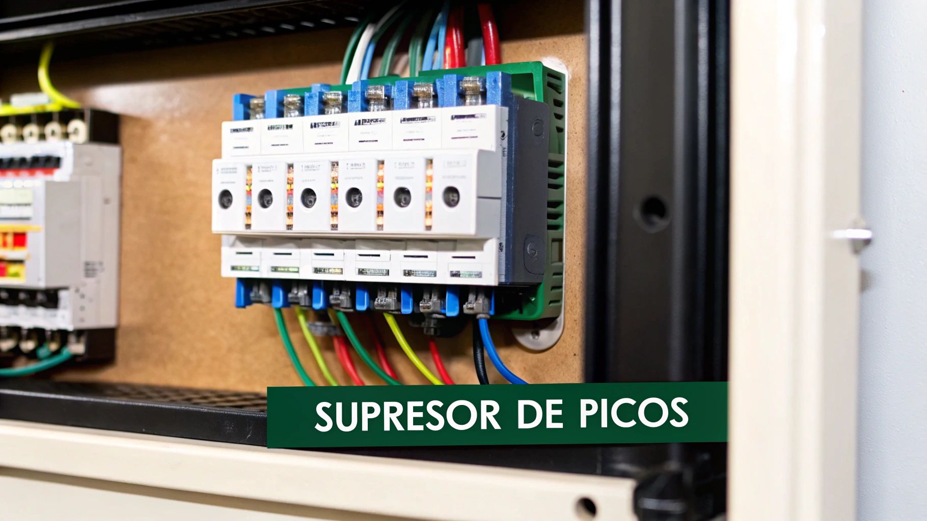 Ilustración de un supresor de picos industrial instalado en un panel eléctrico, mostrando la desviación de un pico de voltaje a tierra.