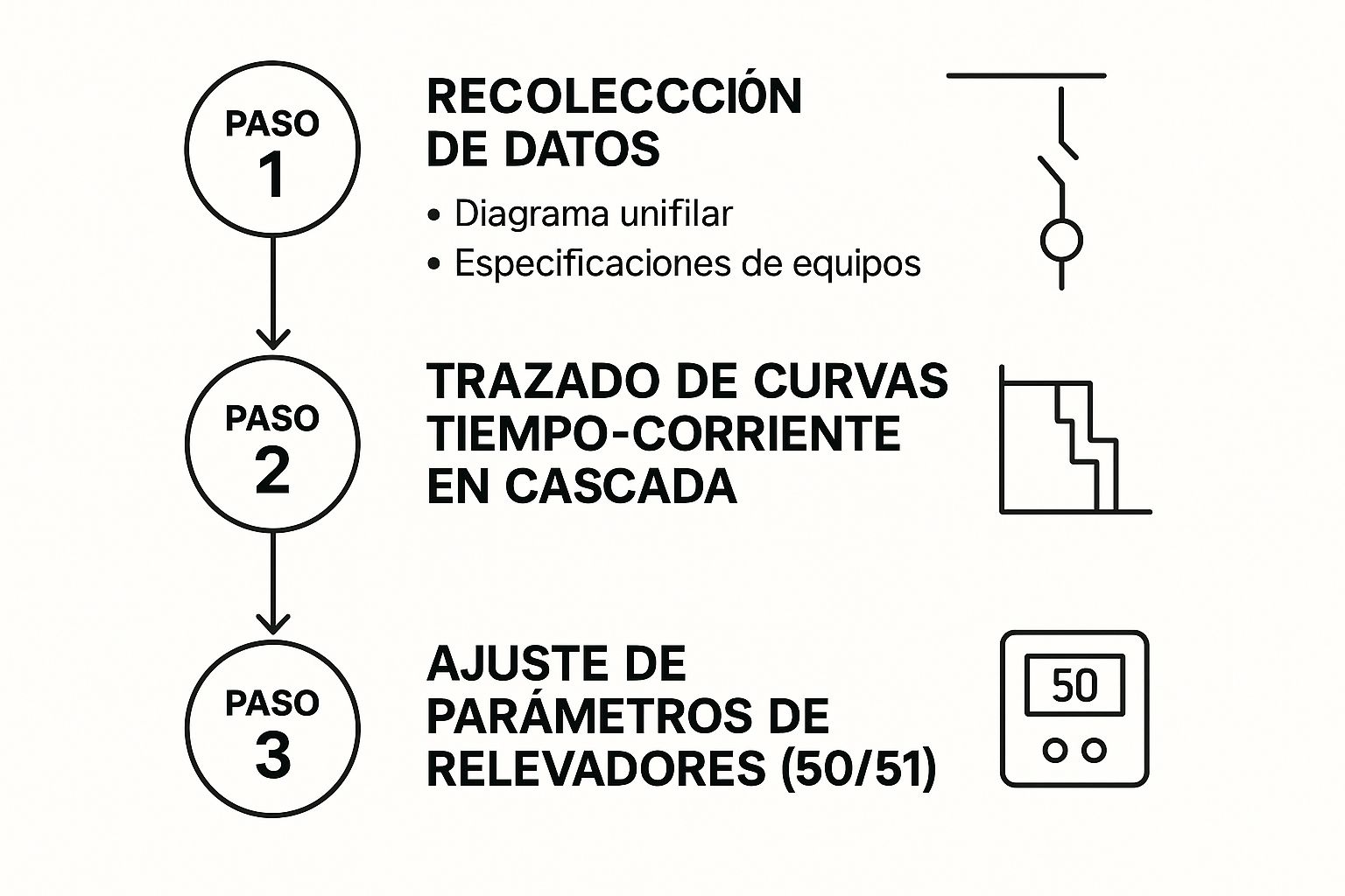 Infografía que muestra el proceso de coordinación de protecciones en tres pasos: Recopilación de datos, trazado de curvas TCC y ajuste de relevadores.