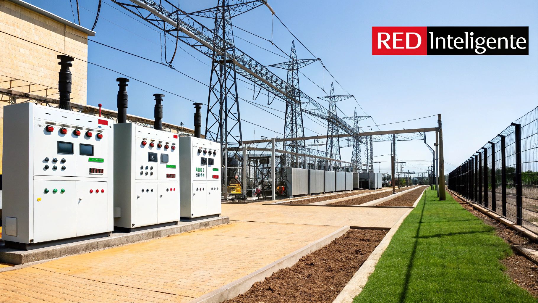 Un ingeniero trabajando en un panel de control dentro de una subestación eléctrica, ilustrando el monitoreo de datos.