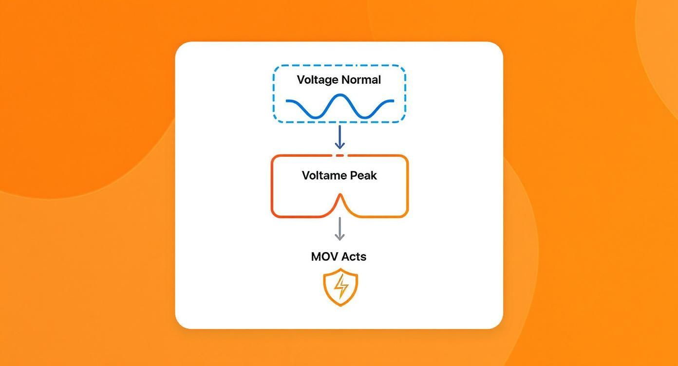 Infografía que muestra el mecanismo de un supresor de picos en tres etapas: voltaje normal, pico de voltaje detectado y activación del MOV para desviar la energía.