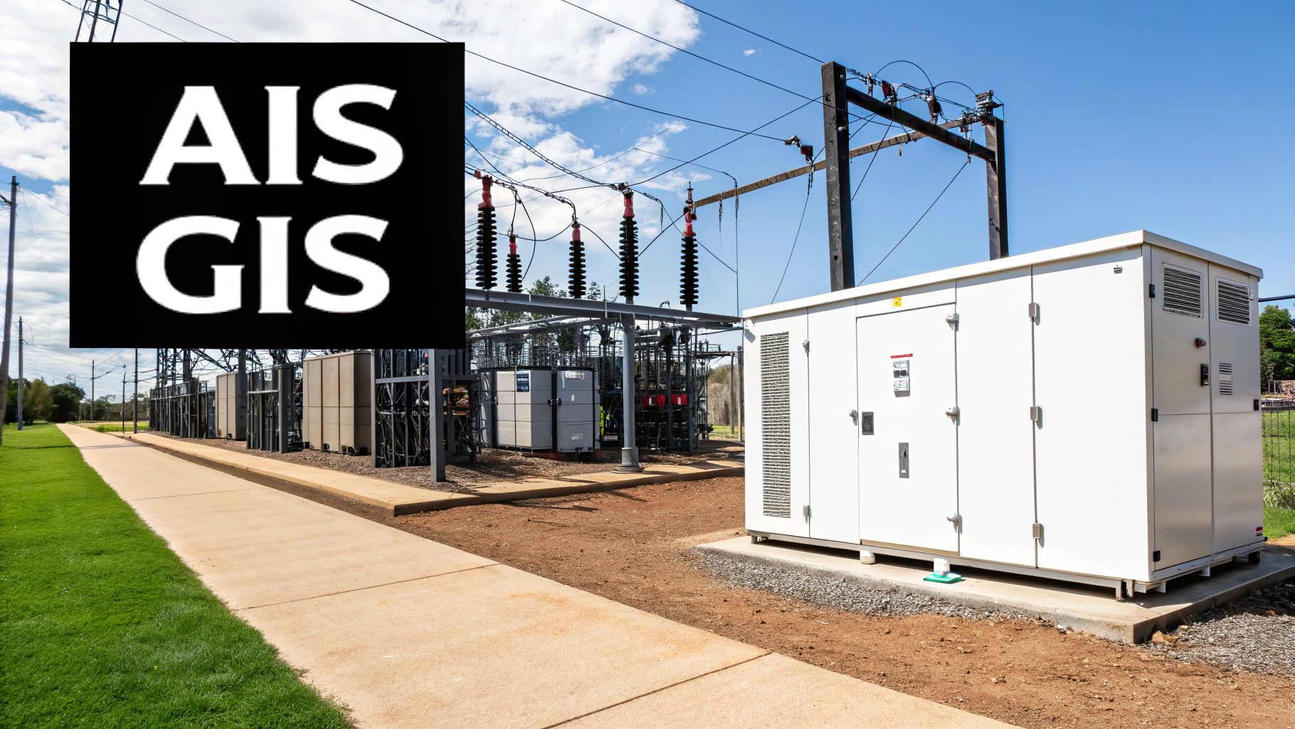 Subestación eléctrica con líneas de transmisión, transformadores y un gabinete de control blanco bajo un cielo azul claro.