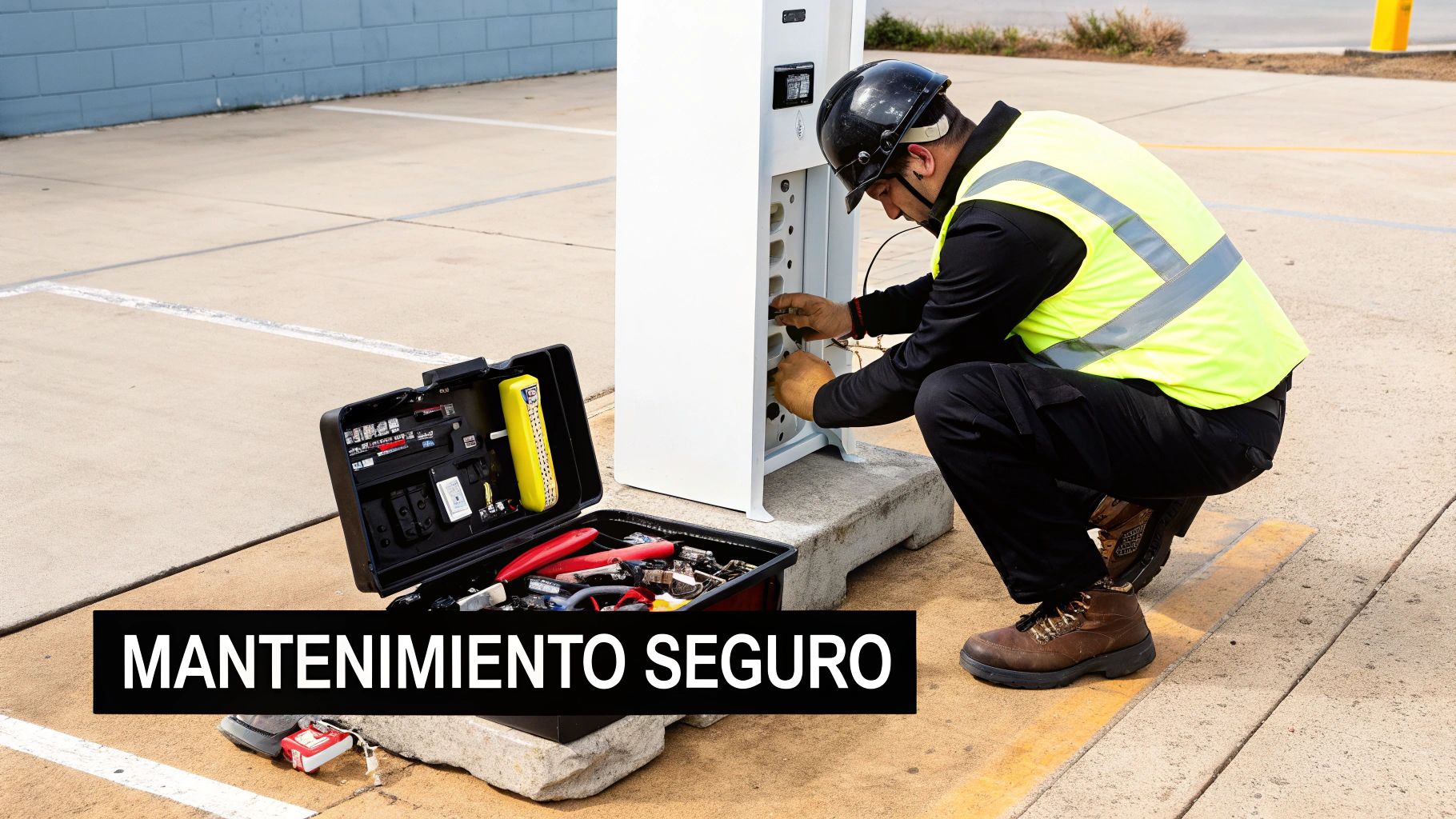 Técnico en equipo de seguridad realizando mantenimiento a un seccionador tipo pedestal con herramientas.