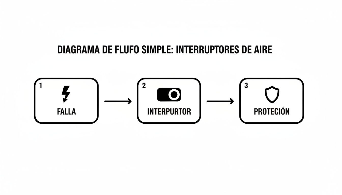 Diagrama de flujo simple de interruptores de aire, mostrando el proceso de falla, interruptor y protección.