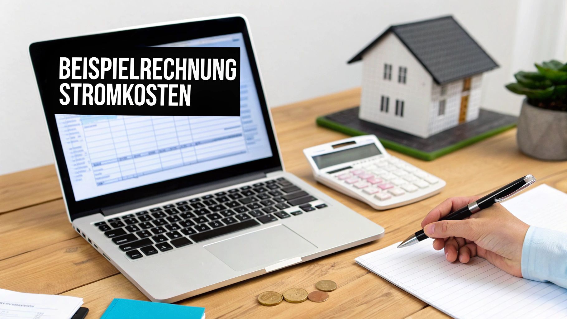 Eine Person berechnet Stromkosten für ein Einfamilienhaus auf einem Laptop mit Rechner und Notizbuch.