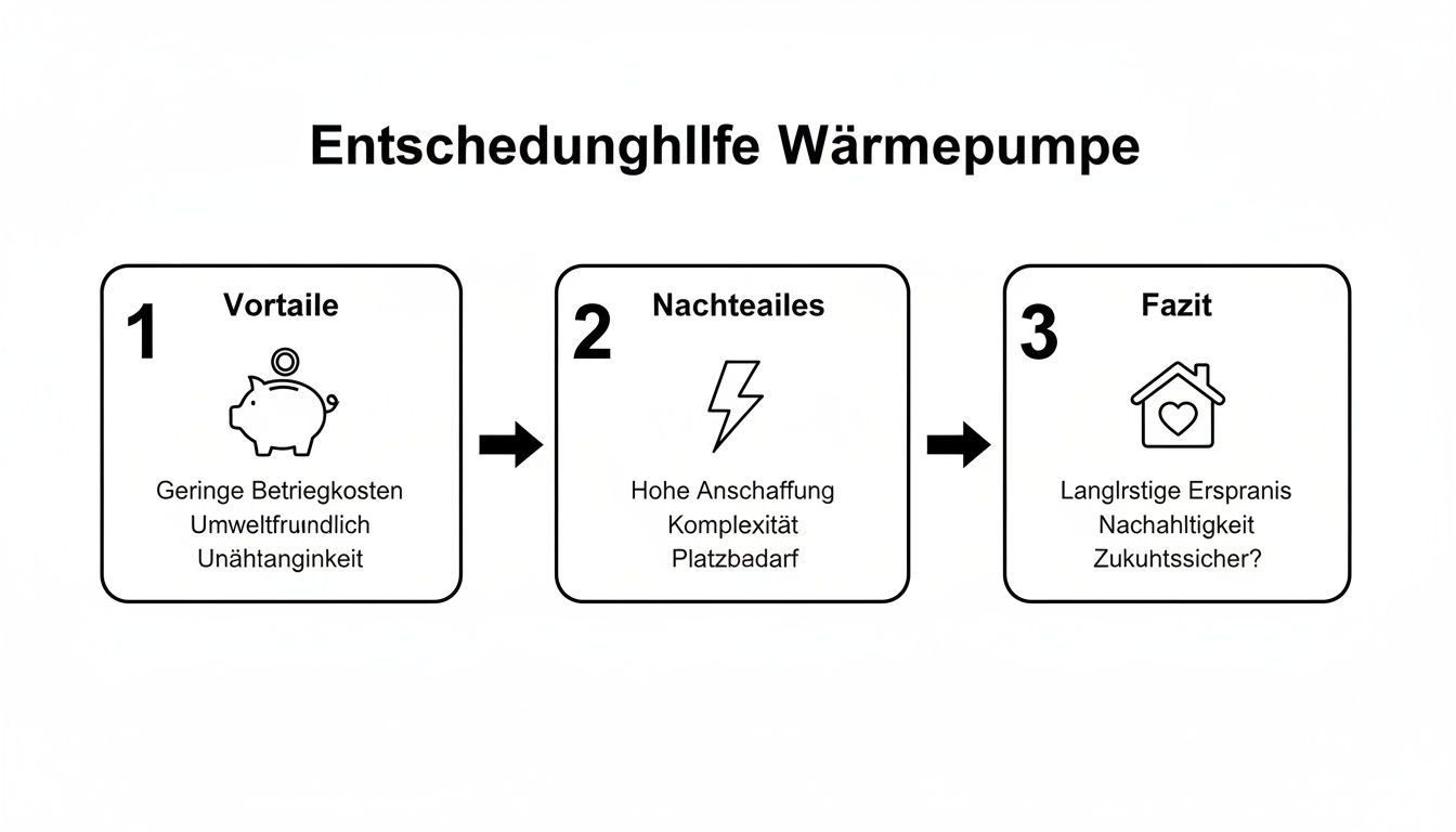 Entscheidungshilfe für Wärmepumpen, die Vorteile wie geringe Kosten, Nachteile wie hohe Anschaffung und ein Fazit darstellt.