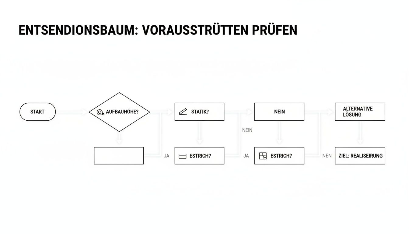 Flussdiagramm zur Überprüfung von Voraussetzungen und Entscheidungen für ein Bauprojekt, inklusive Aufbauhöhe, Statik und Estrich.