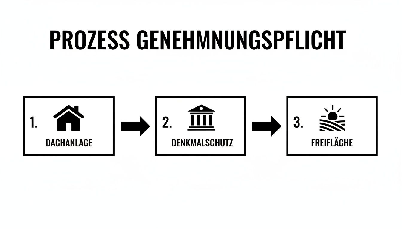 Flussdiagramm zum Genehmigungsprozess für PV-Anlagen auf Dächern, denkmalgeschützten Gebäuden und Freiflächen.