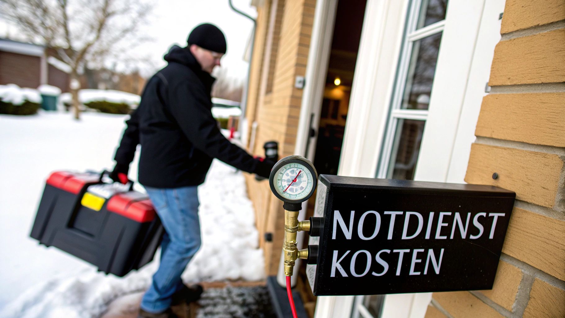 Ein Installateur mit Werkzeugkasten geht im Schnee auf ein Haus zu, daneben ein Manometer und ein Schild mit 'NOTDIENST KOSTEN'.